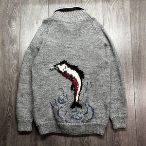 Vintage Hand Knit Cowichan Sweater Zip Front Grey Fish Acrylic Size Large 1980s